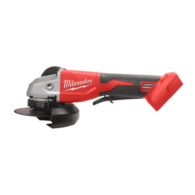 A red and black Milwaukee cordless angle grinder with a side handle, safety guard, and battery slot, shown on a white background.