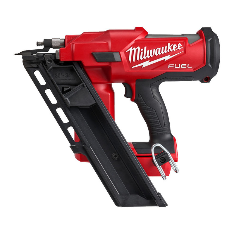 A red and black Milwaukee Fuel cordless nail gun, shown from the side with its angled magazine and ergonomic handle visible against a white background.