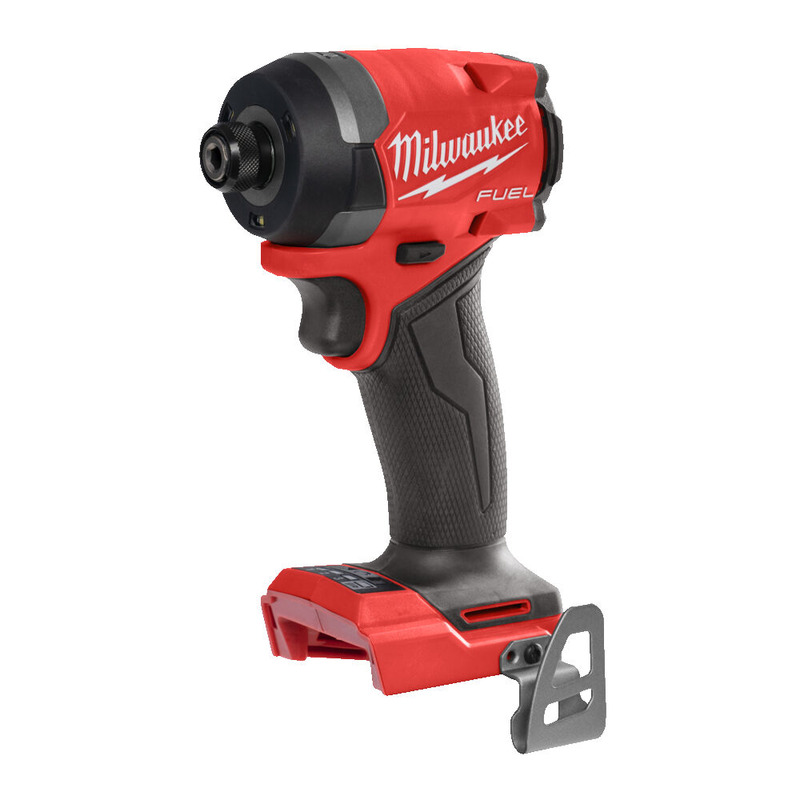 A red and black Milwaukee cordless impact driver with FUEL branding, a textured grip, and a belt clip attached to the base. The tool is shown without a battery attached.