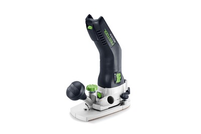 The Festool 578120 Cordless Joining Machine DOMINO DFC 500 E-Basic features a black and green handle on a silver base, inspired by the precision of the original DOMINO, and is ideal for versatile woodworking tasks.