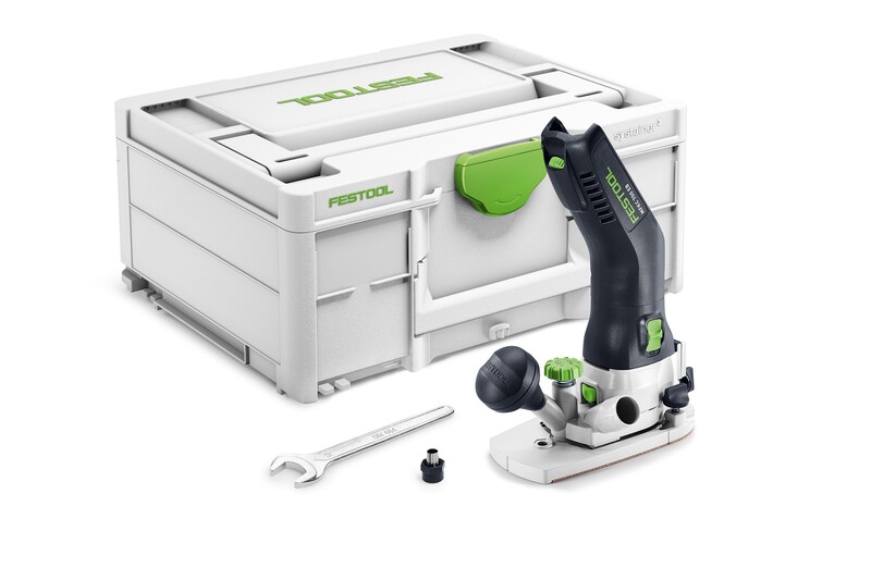 The Festool 578120 Cordless Joining Machine DOMINO DFC 500 E-Basic, featuring a black and green handle, is displayed with a wrench, small part, and gray carrying case with green accents—ideal for precise woodworking.