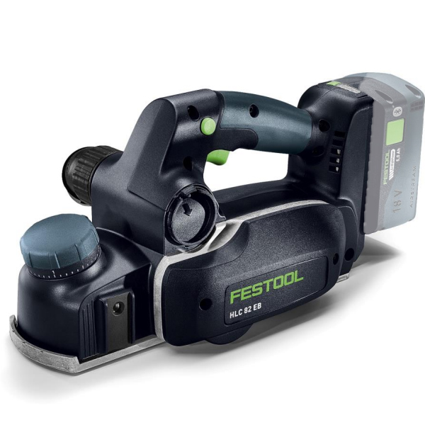 The Festool 578000 HLC 82 EB-Basic Cordless Planer features a black and green design, a large adjustment knob, and a rear battery pack.