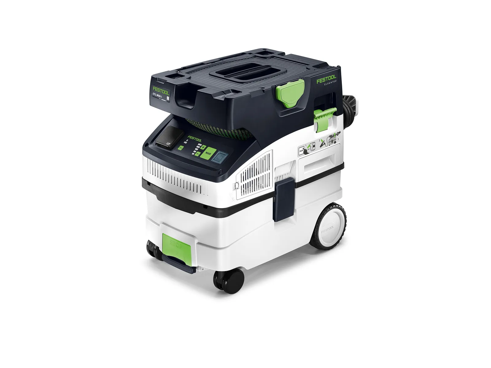 The Festool 578321 CTL MIDI I 230V CLEANTEC Mobile Dust Extractor, featuring a white and black design with green accents, display screen, buttons, vents, handle, and large wheels, is shown on a plain white background.