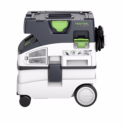 The Festool 578321 CTL MIDI I 230V Mobile Dust Extractor CLEANTEC features a white and black body with green accents, wheels, a coiled side power cord, and multiple control buttons and icons on the front.