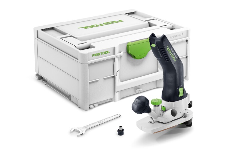The Festool 578011 Cordless Module Edge Router MFKC 700 EB-Basic kit includes the router, carrying case, wrench, and small accessory part, all displayed neatly on a white background.