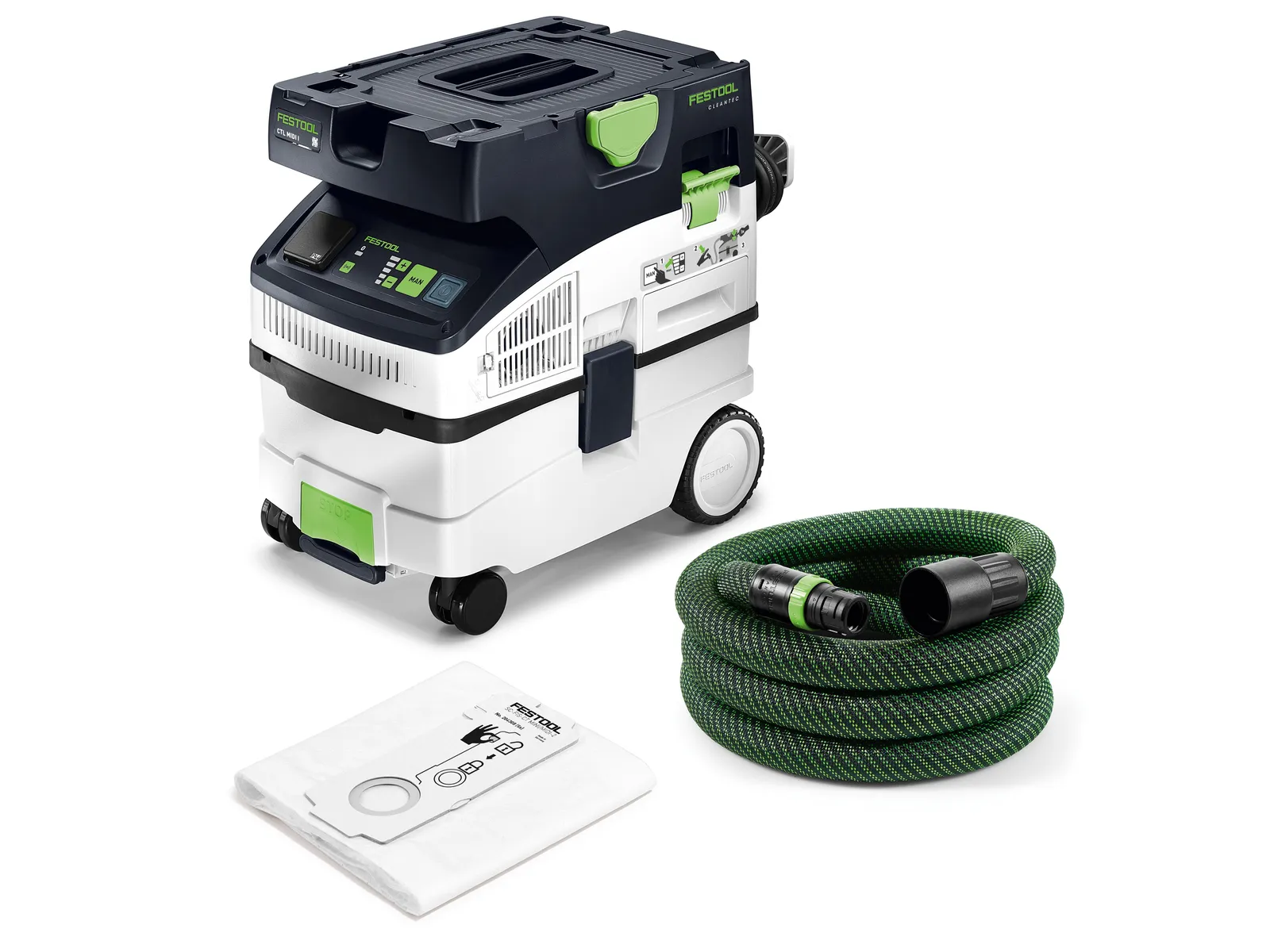 The Festool 578321 CTL MIDI I 230V Mobile Dust Extractor CLEANTEC is displayed on a white background with wheels, control buttons, storage compartments, a green hose, and a white dust collection bag.