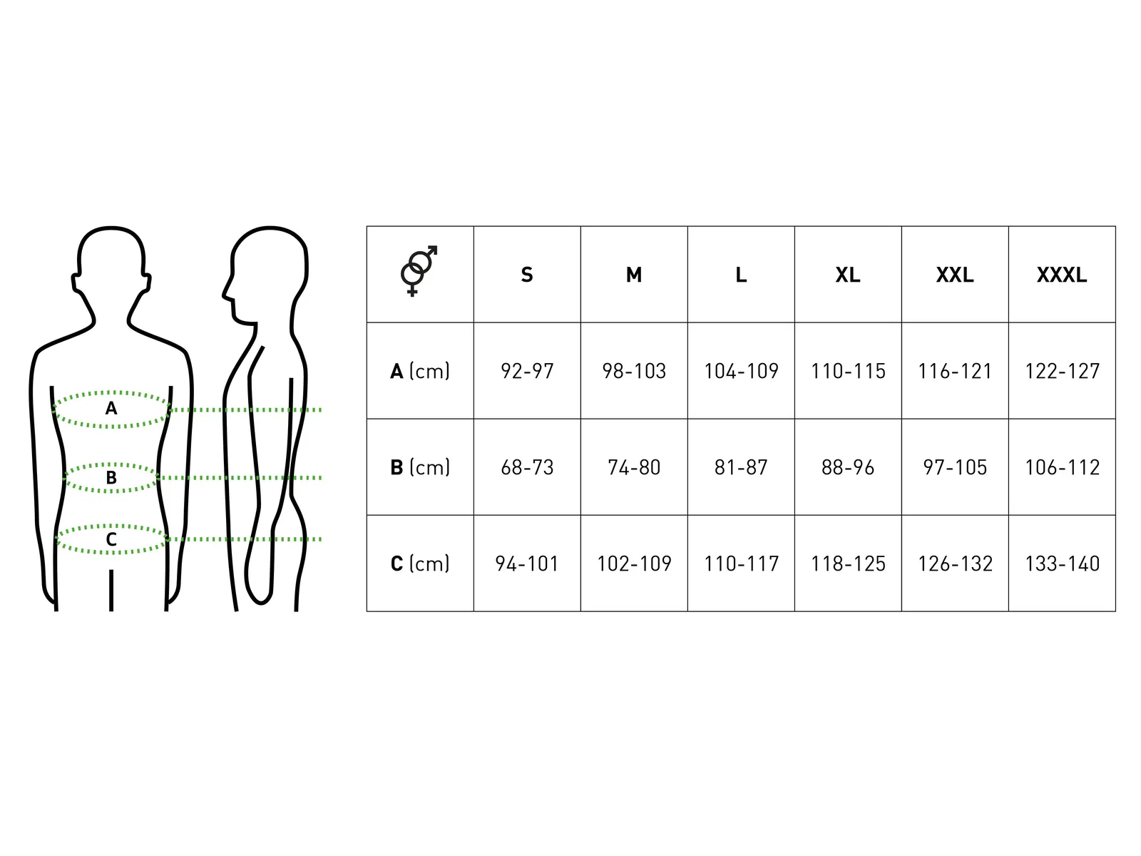 Illustration of how to measure chest, waist, and hips on a body beside a women’s size chart (S to XXXL) with centimeter measurements.