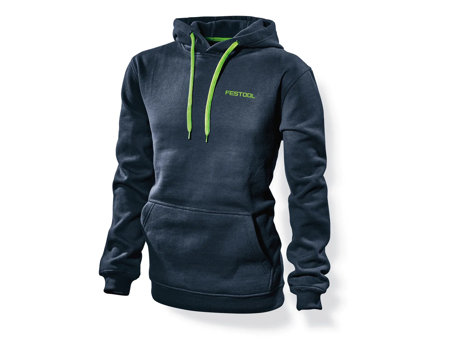 A dark blue hooded sweatshirt with a front pocket and neon green drawstrings, displayed on a white background.