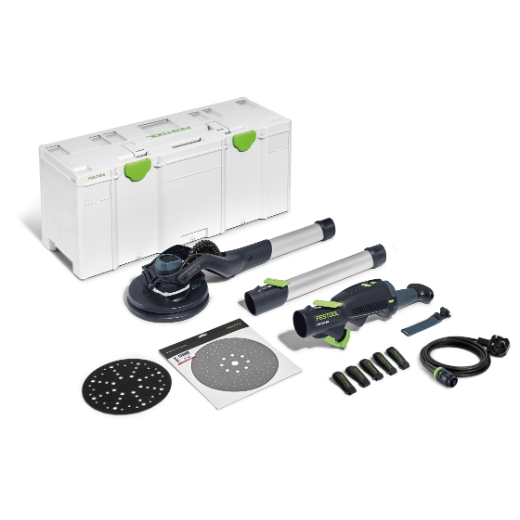 A drywall sander set with white case, telescopic handle, sanding head, discs, power cord, batteries, and accessories on white background.