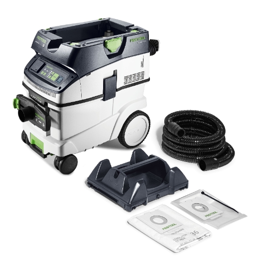 The Festool 578158 Mobile Dust Extractor CTM 36 EI AC-PLANEX, compact, wheeled, with digital display, hose, bags, tray on white.