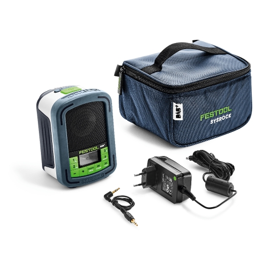 A Festool 202112 Digital Radio BR 10 DAB+ 230V GB with a blue carrying case, power adapter, and audio cable on a white background.