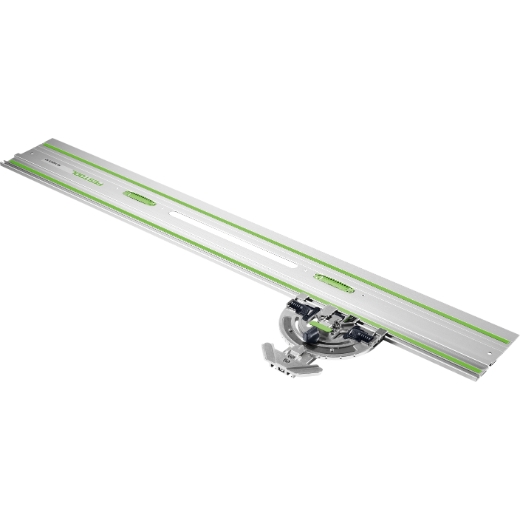 The Festool Angle Stop FS-WA is a silver and green metal guide rail accessory for making precise cuts with circular saws.