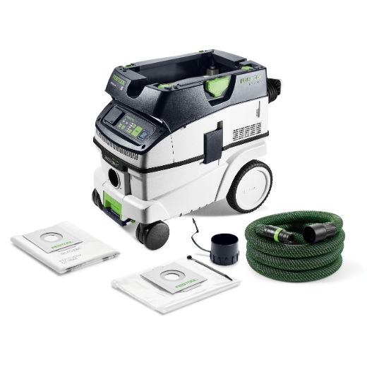 A CTM 26 EI AC 110V Mobile dust extractor CLEANTEC with filter bags, green hose, and black adapter on a white background.