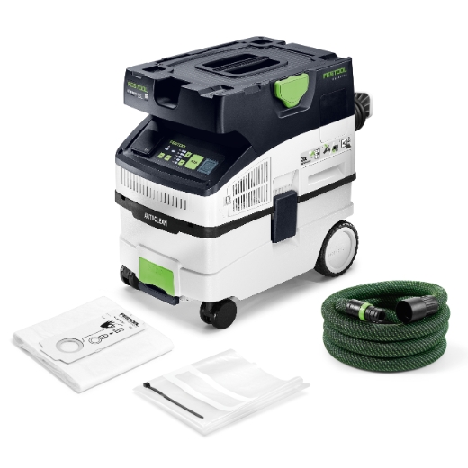 A Festool 578551 Mobile Dust Extractor with a digital control panel, hose, filter bags, and accessories on a white background.