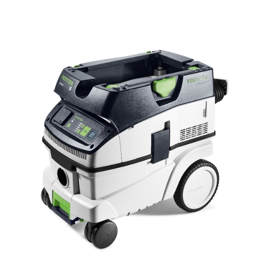 The Festool Mobile dust extractor CTM 26 EI 230V GB has a white and black design, green accents, control panel, wheels, hose storage.