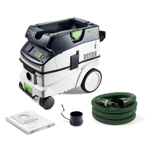The Festool Mobile dust extractor CTM 26 EI 230V GB with wheels, green hose, vacuum bag, and black attachment on white background.