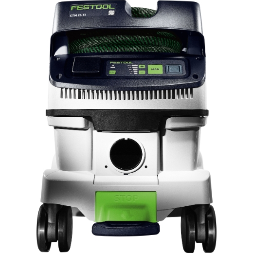 The Festool Mobile dust extractor CTM 26 EI 230V GB features a digital control panel, hose storage, large wheels, and a green stop button.