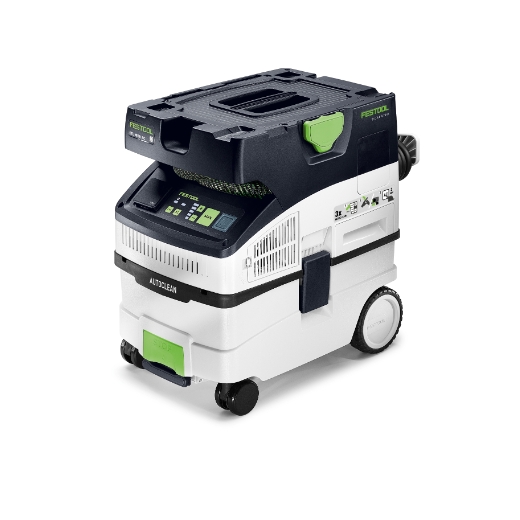 The Festool 578548 Mobile dust extractor is a white and black vacuum with green accents, control buttons, hose port, handle, and wheels.