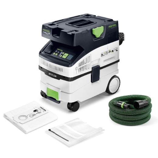 The Festool 578548 Mobile dust extractor CTL MIDI I AC 230V GB is on a white background with control panel, wheels, green hose, filter bag, and two white vacuum bags.