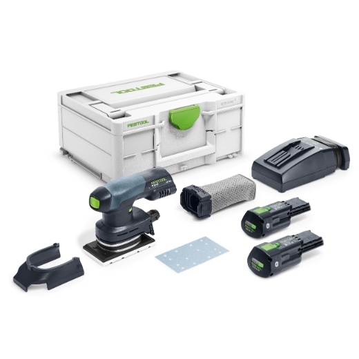 The Festool 577685 Cordless Orbital Sander kit includes two batteries, charger, dust bag, sanding pad, attachment, and storage case.