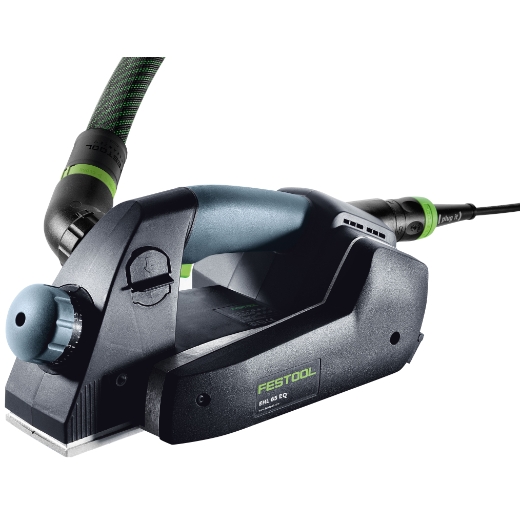 The Festool 576250 One Handed Planer has a black and green design, ergonomic handle, and rear hose attachment for dust extraction.