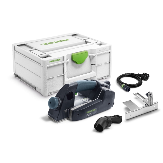 The Festool 576250 One Handed Planer EHL 65 EQ-Plus is pictured with its gray-green case, cable, dust adapter, and guide on white.