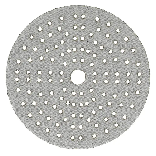 A gray Mirka Iridium Ø150 mm Grip sanding disc, P120 grit, featuring 121 holes in concentric circles and a central hole.