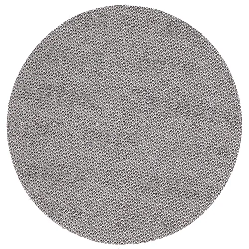 A round, gray textured rug with a fine, small-scale pattern evokes abrasives when seen from above on a white background.