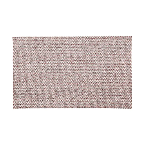 A rectangular woven rug with a subtle beige, pink, and gray pattern and tightly knit texture. Its edges are straight and clean.
