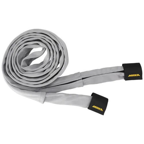 The Mirka Sleeve for Hose and Cable 3.8m is a coiled gray cover with branded end caps, protecting hoses and cables during use.