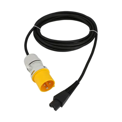 The Rewireable Mains Cable 4.3m has a coiled black cable, yellow-gray plug, black connector, on a white background. UK 100-120V.
