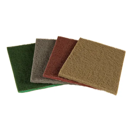 Four maroon Mirka Mirlon 152 x 229 mm P360 hand pads are stacked in a fan shape on a white background, suitable for surface prep.