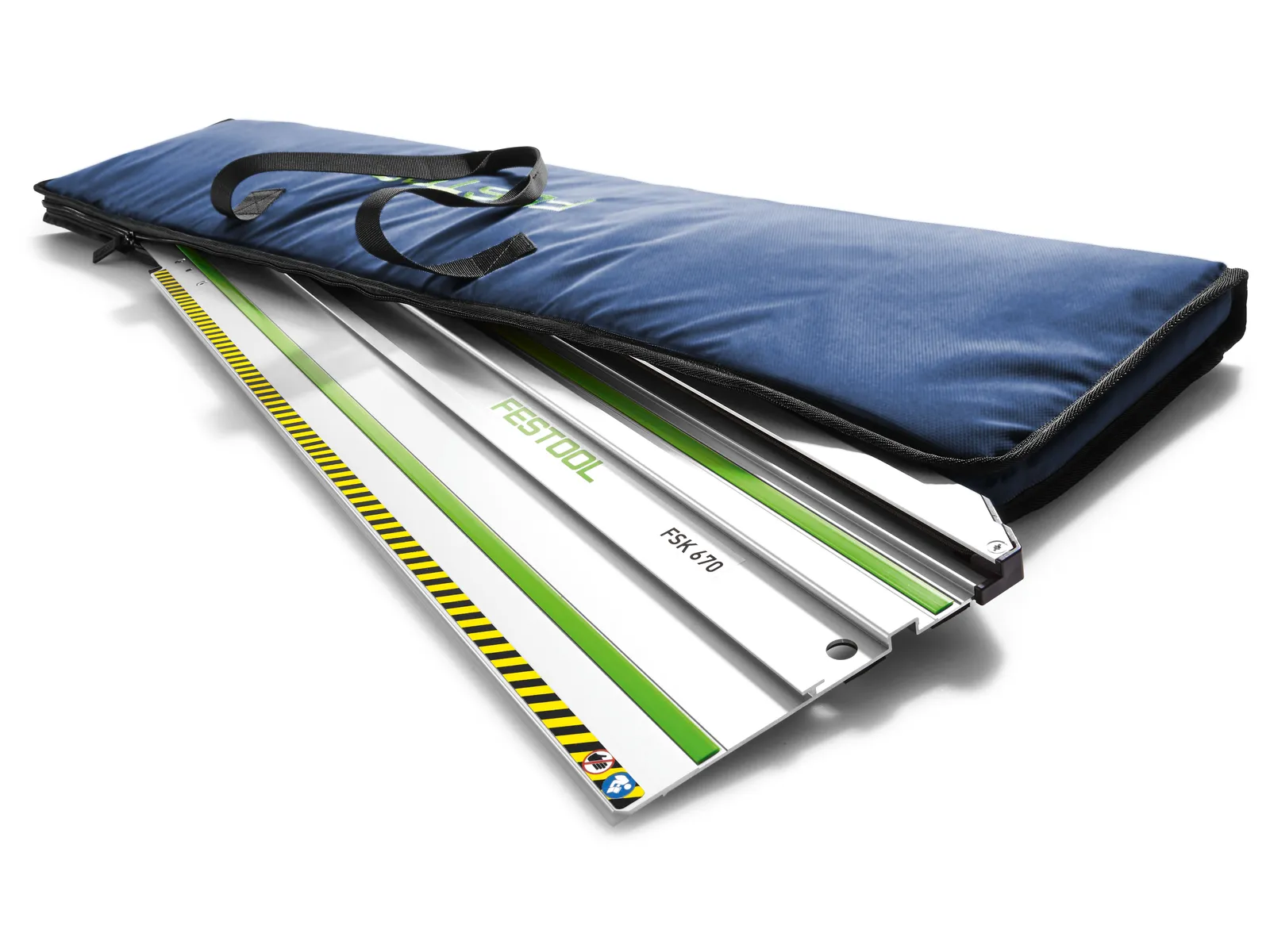 A Festool FSK 670 guide rail with a green and silver finish partially slides out of a padded blue carrying case with black handles.