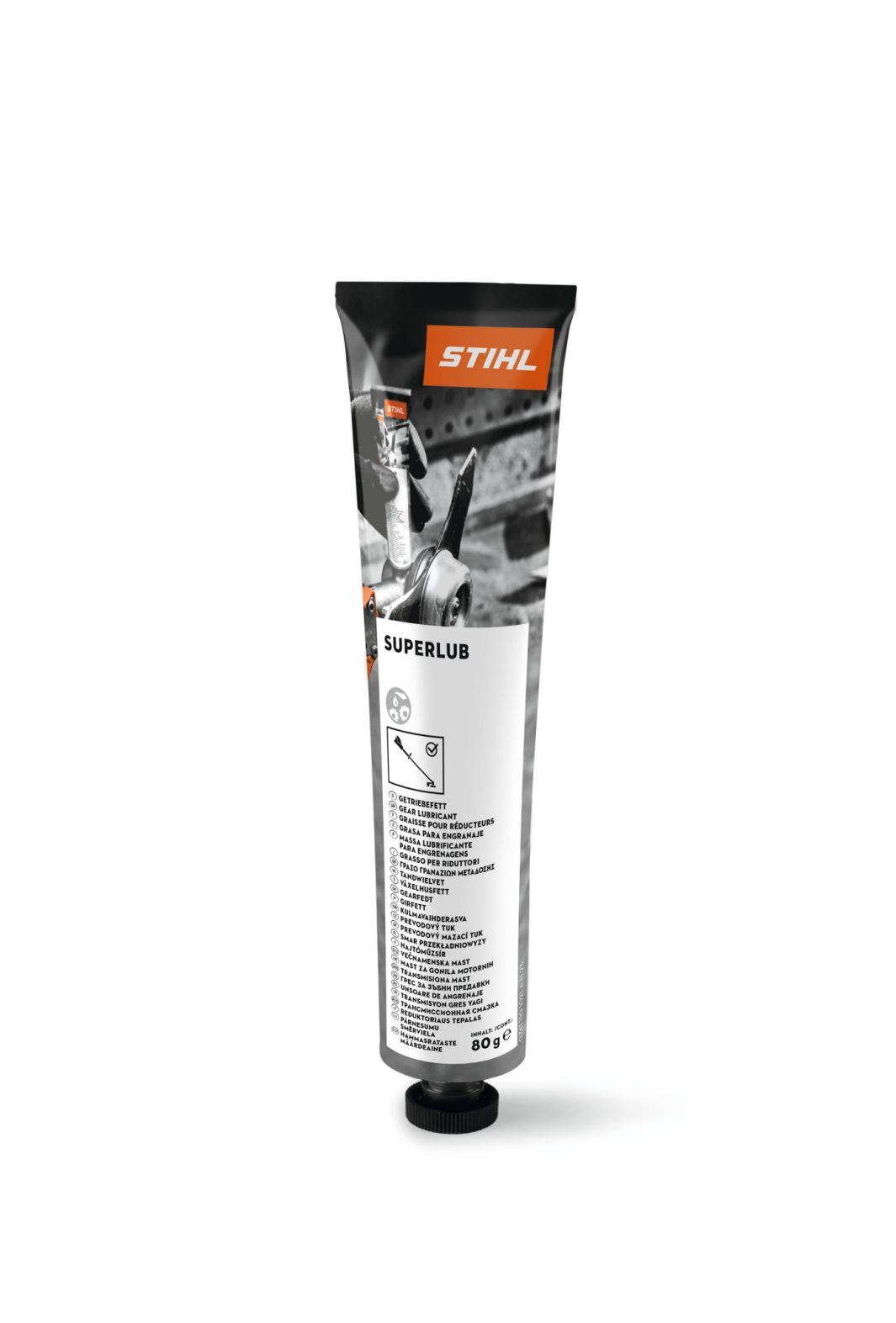 A tube of STIHL Superlub grease with a black and white label, branding, and a mechanical part image. The tube stands on a white background.
