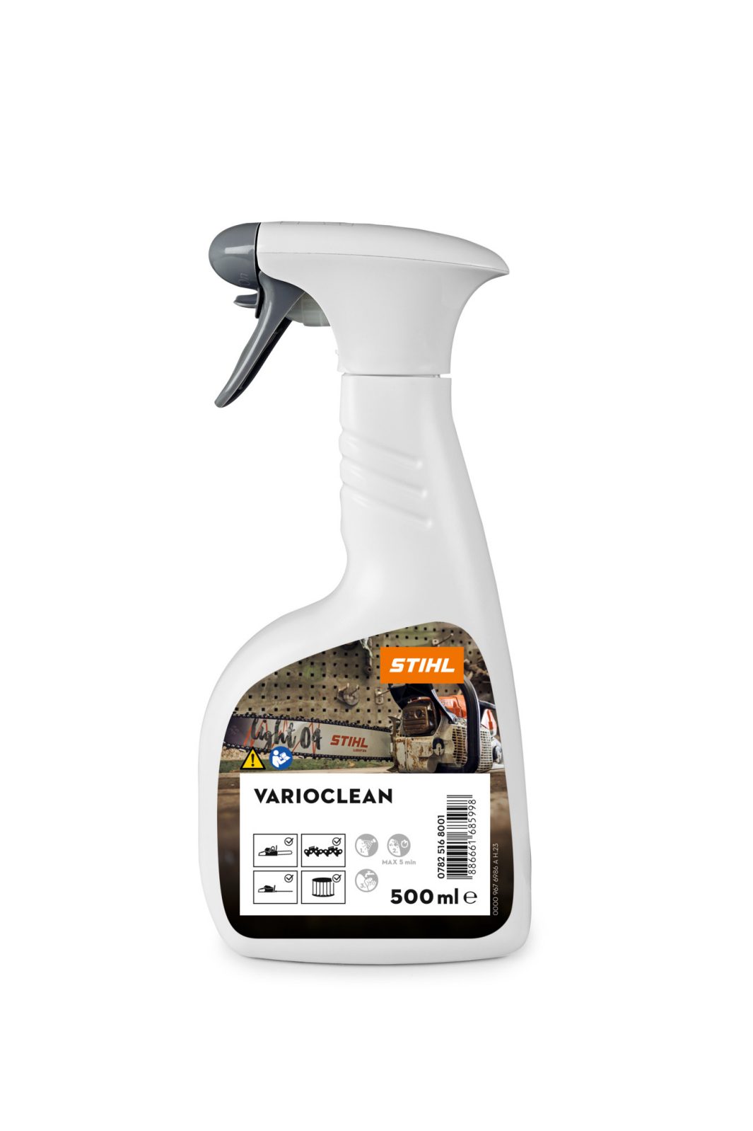A white 500 ml STIHL VARIOCLEAN spray bottle with a gray trigger and image of a chainsaw being cleaned; detailed label instructions.