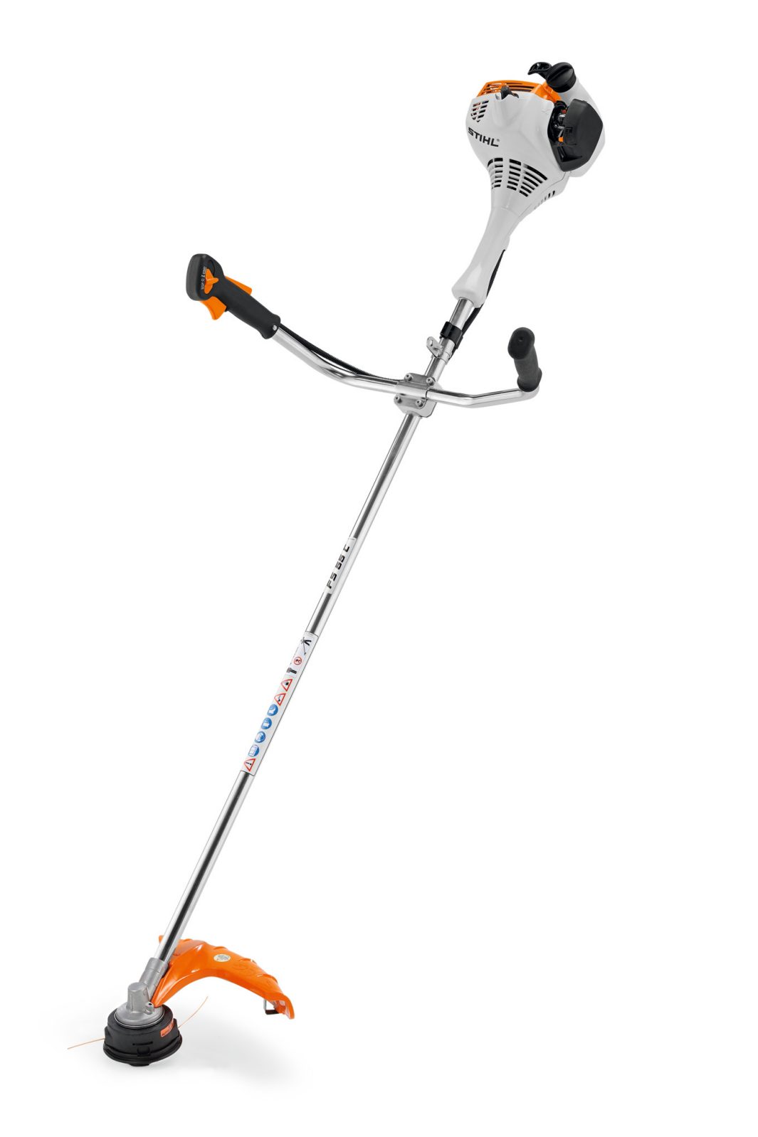 A gas-powered string trimmer featuring a curved metal shaft, dual handlebars, and an orange guard by the cutting head; engine is white with black and orange accents.
