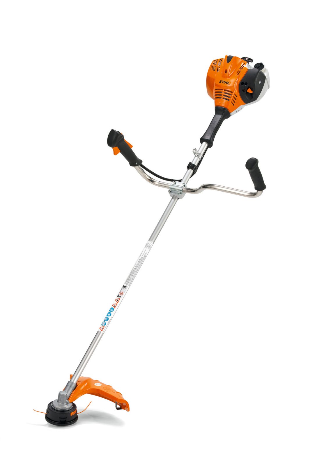 An orange and silver gas-powered string trimmer with bicycle-style handlebars, black grips, and a curved shaft for cutting grass.