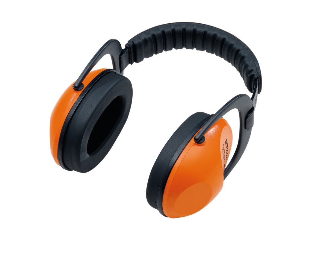 A pair of orange and black over-ear safety earmuffs with a padded, adjustable headband, designed for hearing protection.