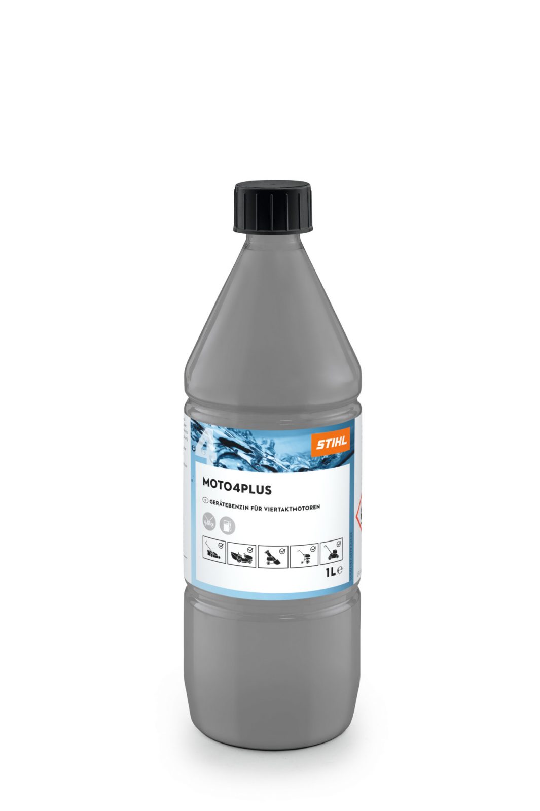 A 1-liter gray plastic bottle of STIHL MOTO4PLUS engine oil with a black cap and a label featuring the logo and product details.