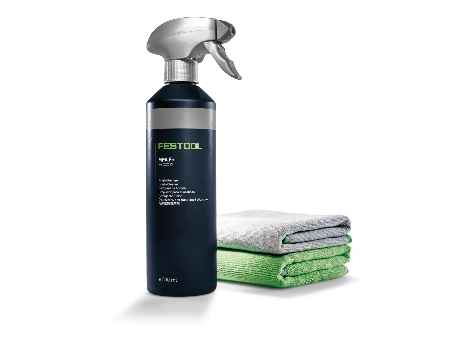 A black spray bottle stands next to two neatly folded microfiber cloths, one light gray and one light green, on a white background.