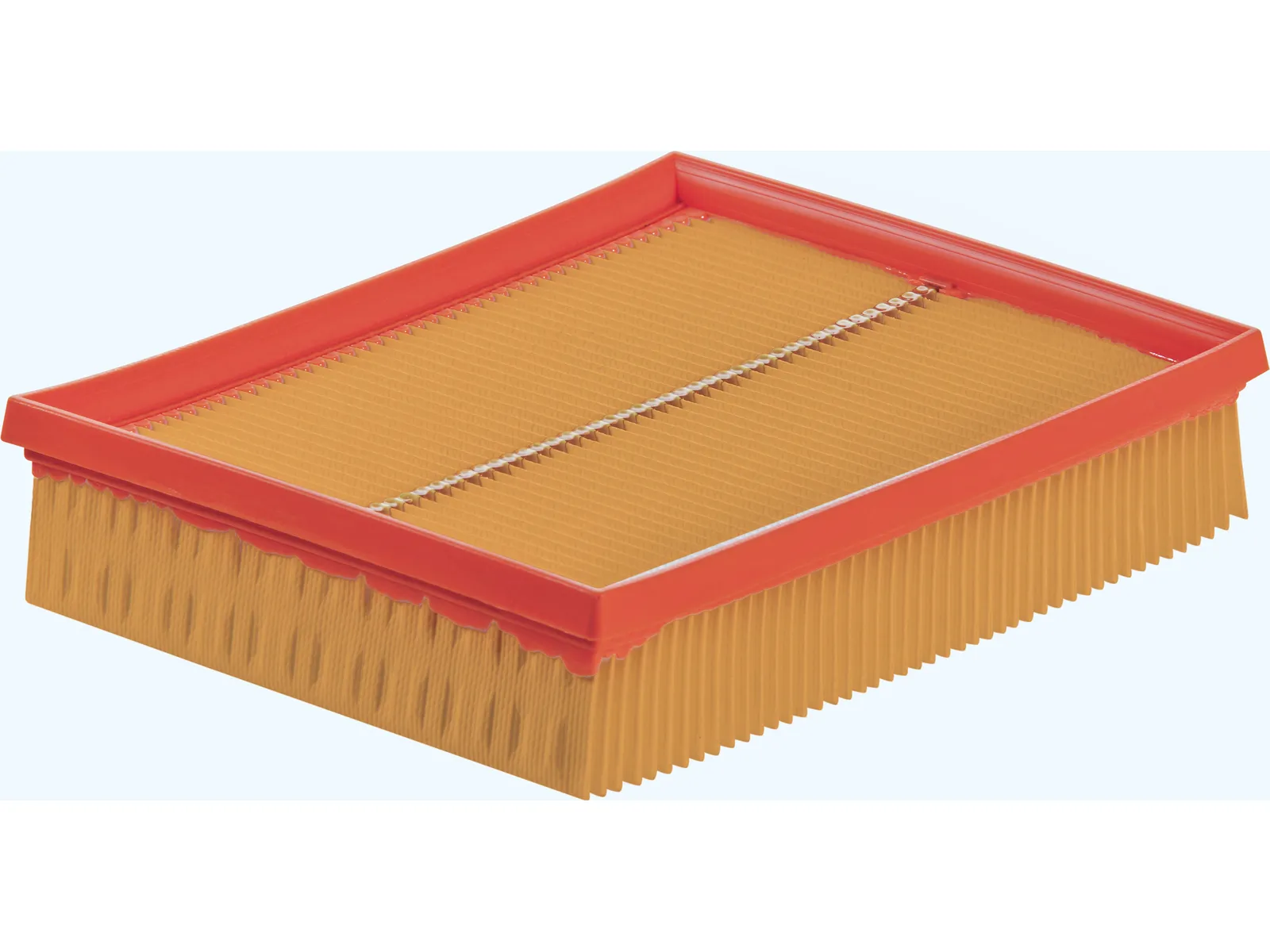 A rectangular air filter with an orange plastic frame and pleated paper filter, shown at an angle against a light background.