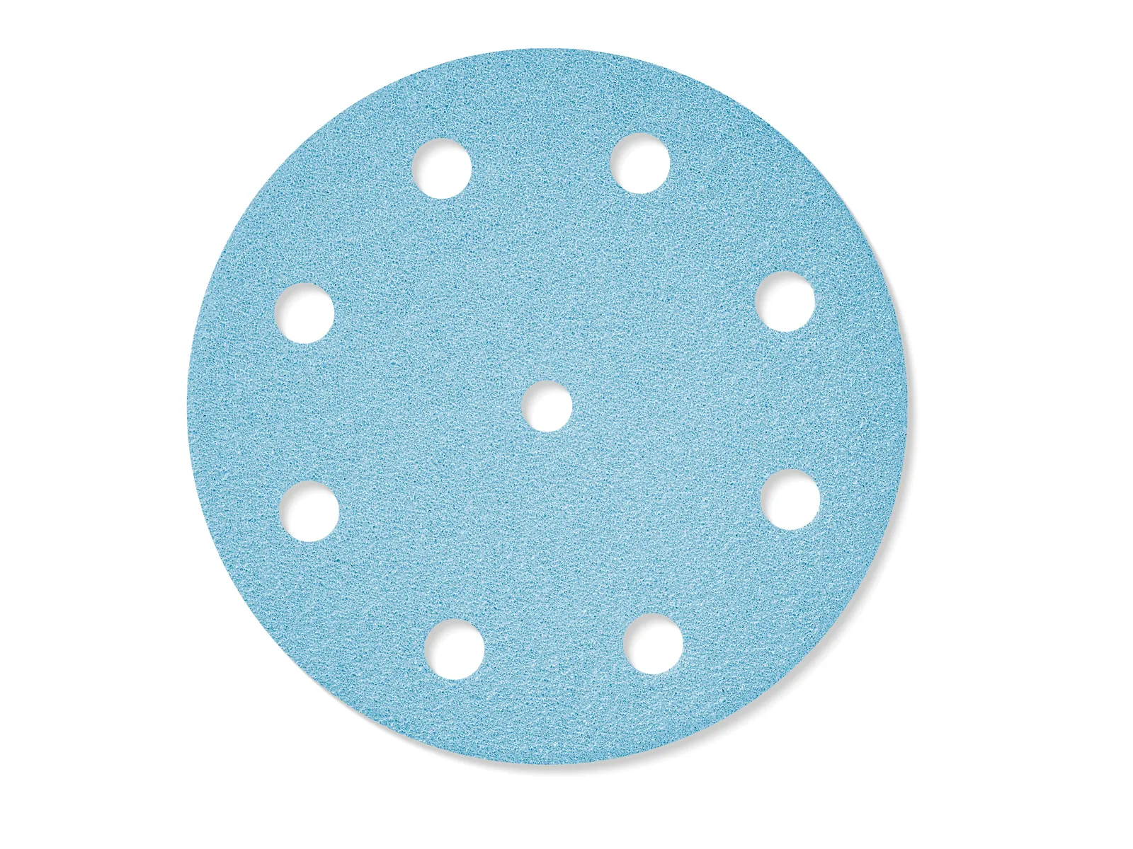A round, light blue sandpaper disc with eight evenly spaced holes near the edge and a center hole, on a white background.