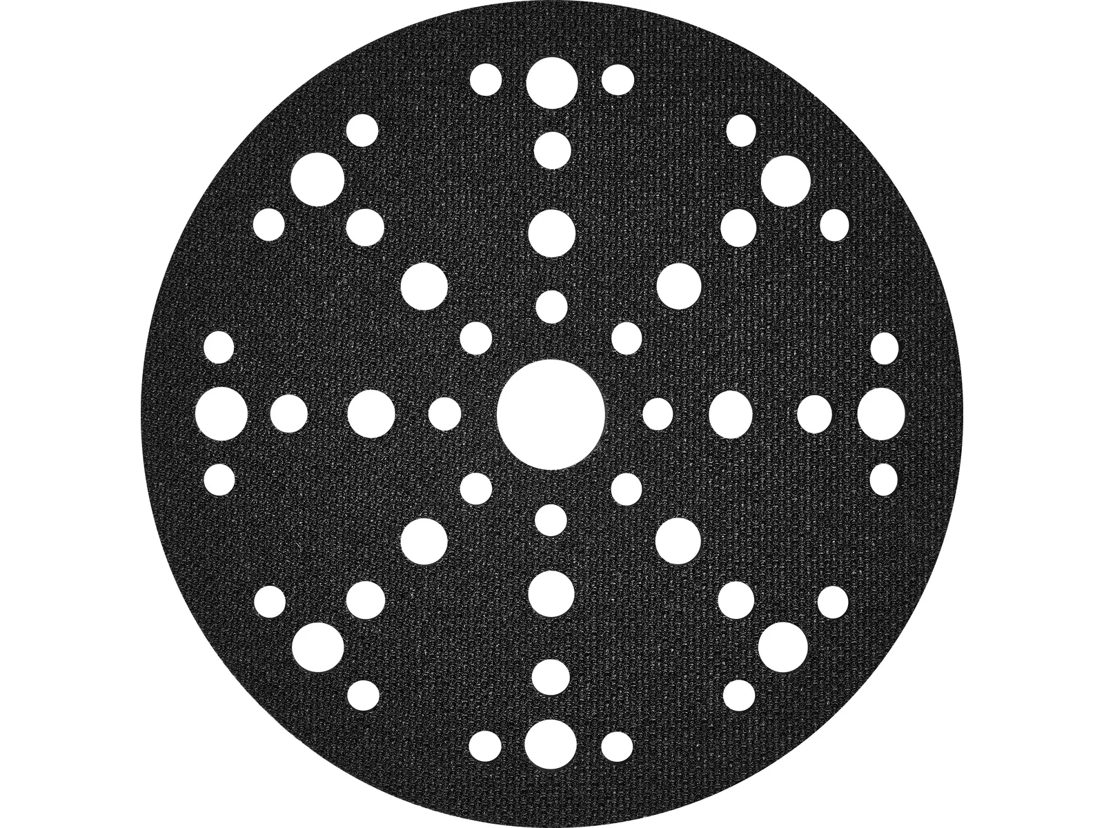 A circular black sandpaper disc featuring several holes of different sizes arranged symmetrically across its surface.