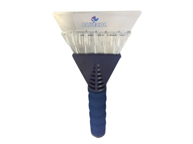 A plastic ice scraper with a blue handle and clear blade, featuring a blue and red logo on the top.
