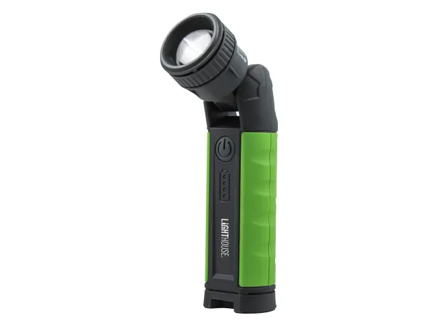 A green and black handheld flashlight with an adjustable head, shown standing upright. The side features a power button.