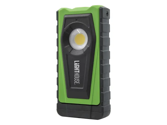 A rectangular, handheld LED work light with a green and black casing and a central circular light on the front.