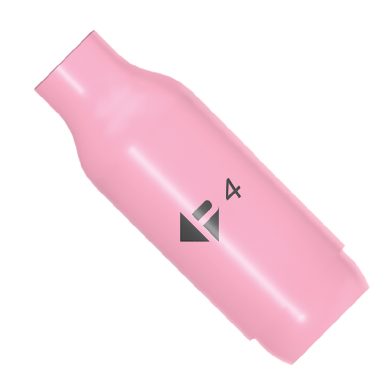 A pink, bottle-shaped Parweld 10N50 CERAMIC CUP 1/4"/6MM with markings on its side, shown on a white background.