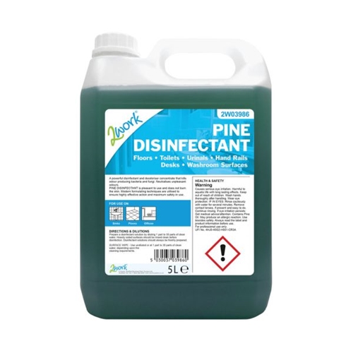 A 5 L tin of Disinfectant Pine with green liquid; suitable for cleaning floors, toilets, urinals, handrails, desks, and washrooms.