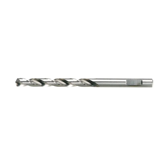 A silver twist drill bit with spiral flutes is displayed horizontally on a white background, ideal for heavy-duty tasks.