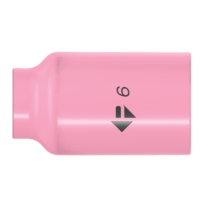 A pink cylindrical nozzle with an 18mm (11/16") wide base, marked with the number 9 and a downward arrow on a white background.